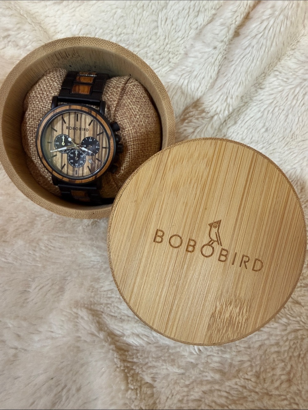 Men's Brown Wood Chronograph Watch with Black Accents